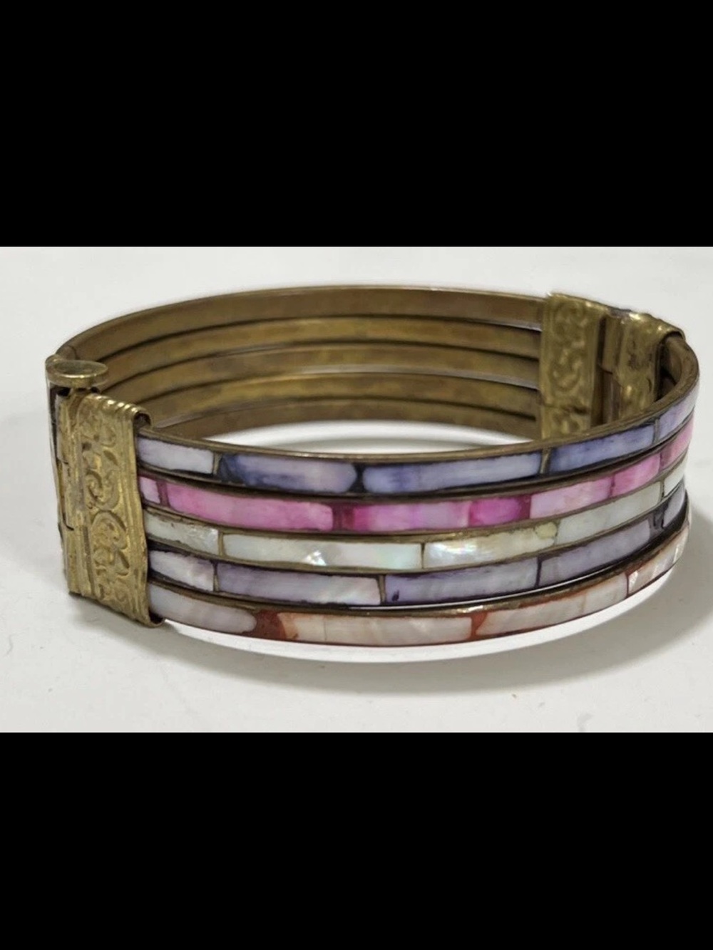 Vintage Multicolor Mother of Pearl Inlay Brass 5 Row Hinge Pin Latch Bracelet